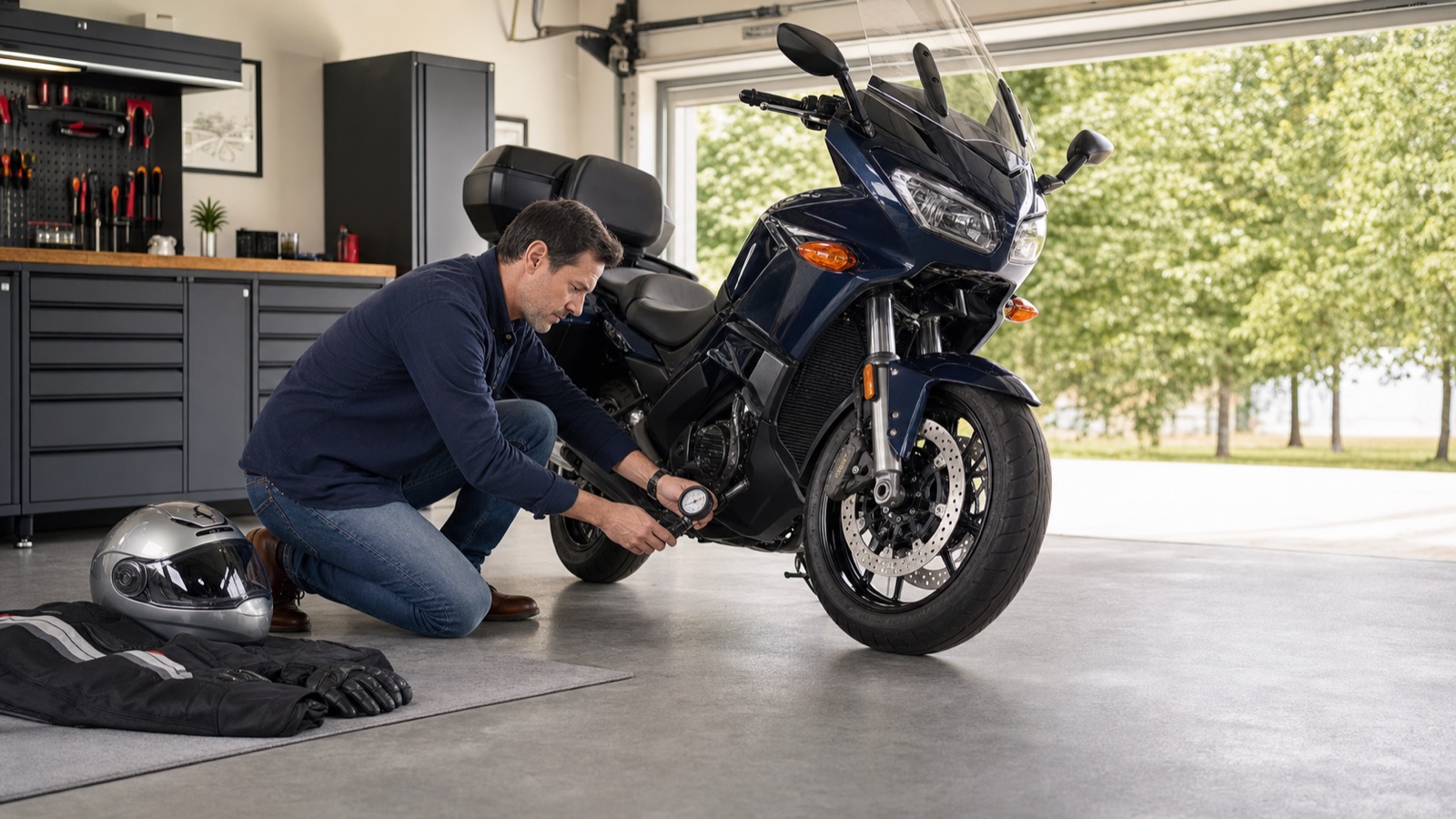 Rider checking motorcycle tire pressure