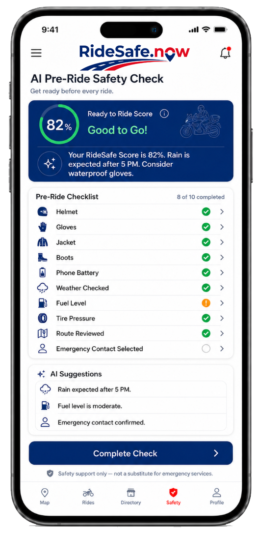 RideSafe.now pre-ride safety checklist screen
